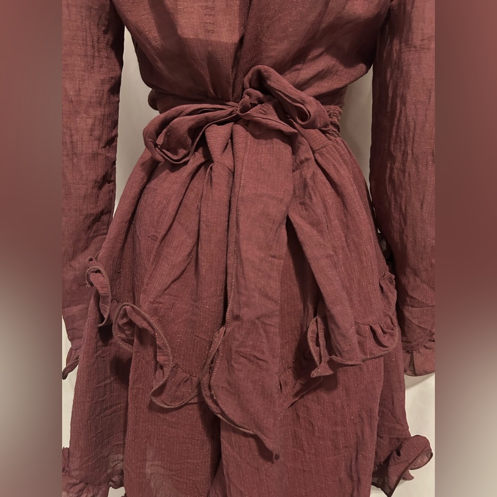 NWT Saints + Secrets Sz L Wine Sheer Ruffle Dress Cottagecore Whimsigoth Boho - Picture 7 of 8